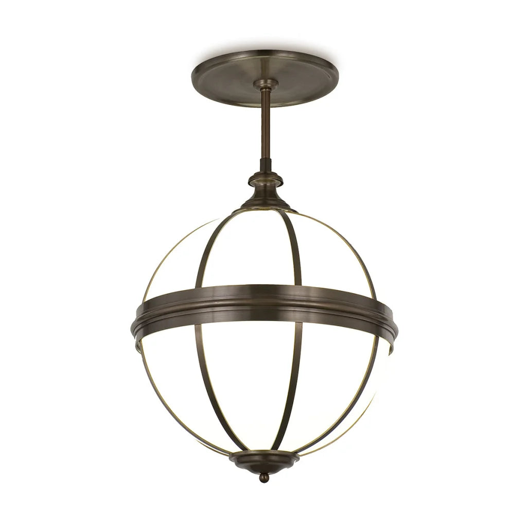 Bronze-finished spherical ceiling light with a clear glass globe and decorative metal rings.