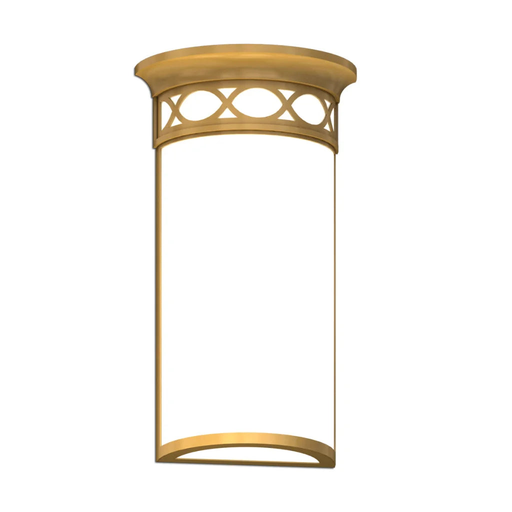 Gold-colored decorative ceiling light fixture with intricate lattice design and curved top.