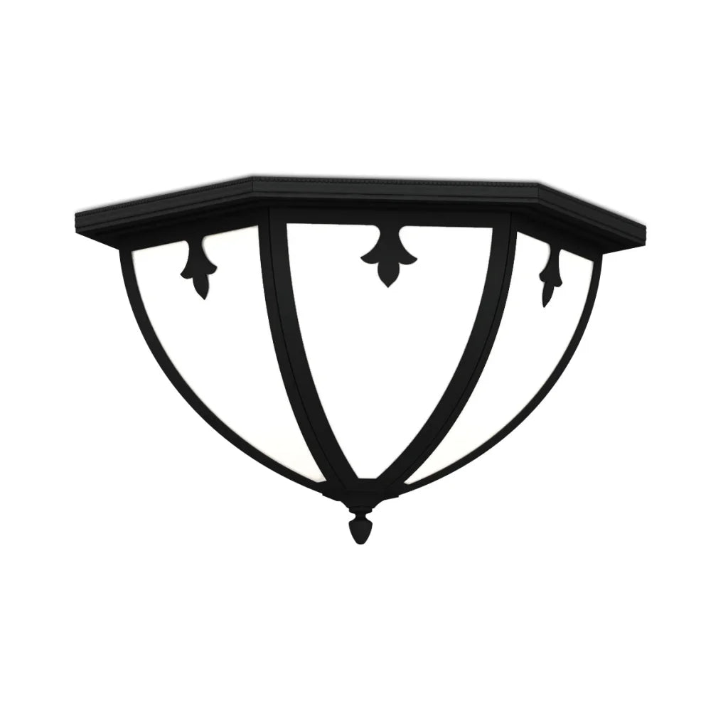 Black wrought iron shelf with ornate floral design and decorative finials.