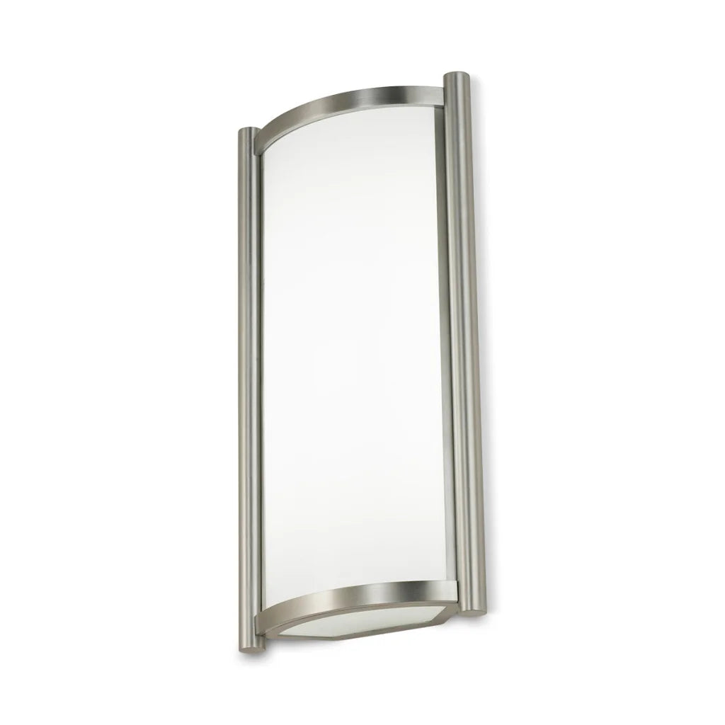 Brushed nickel wall sconce with curved glass panel and modern design.