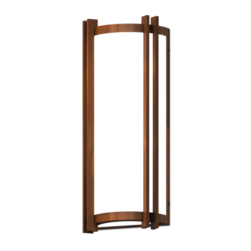 Wooden folding chair with curved backrest and armrests, dark brown finish.