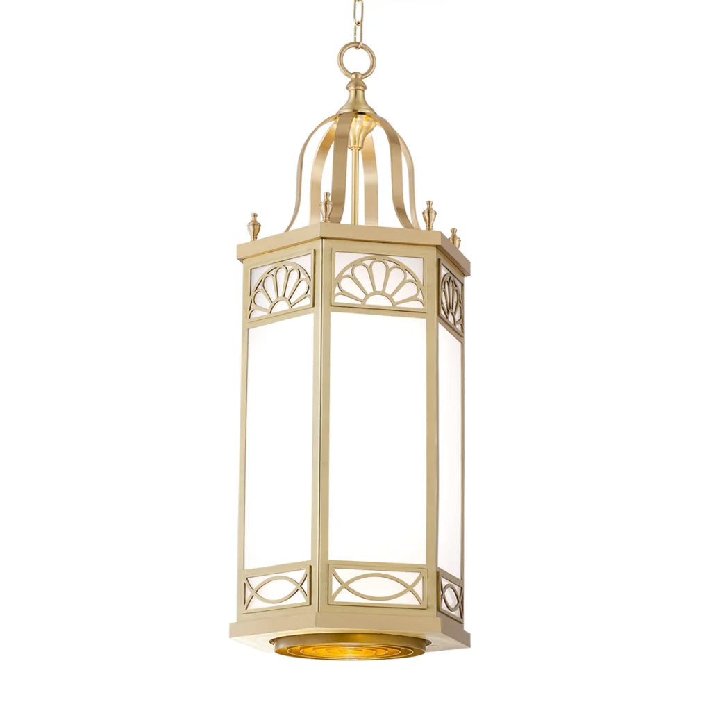 Gold lantern with intricate cut-out designs and a domed top.