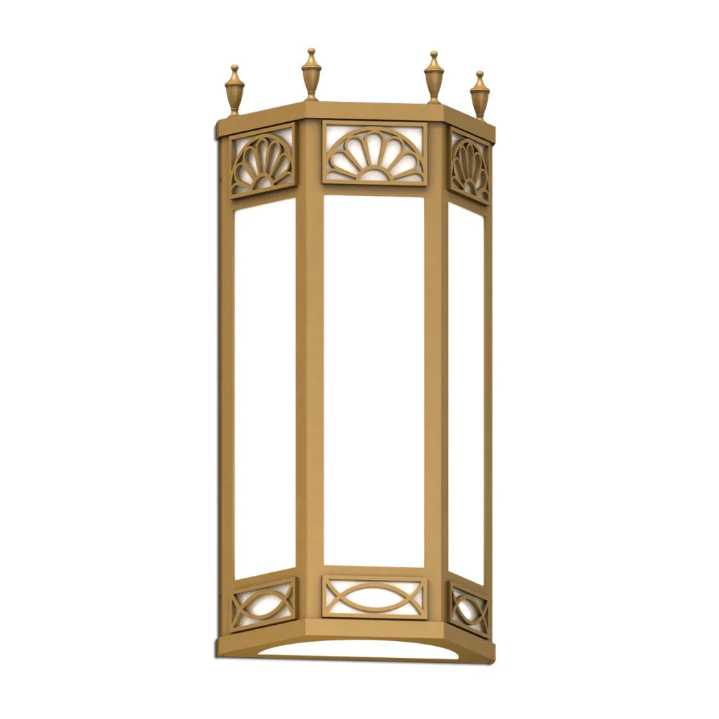 Gold hexagonal lantern with ornate detailing and finials.