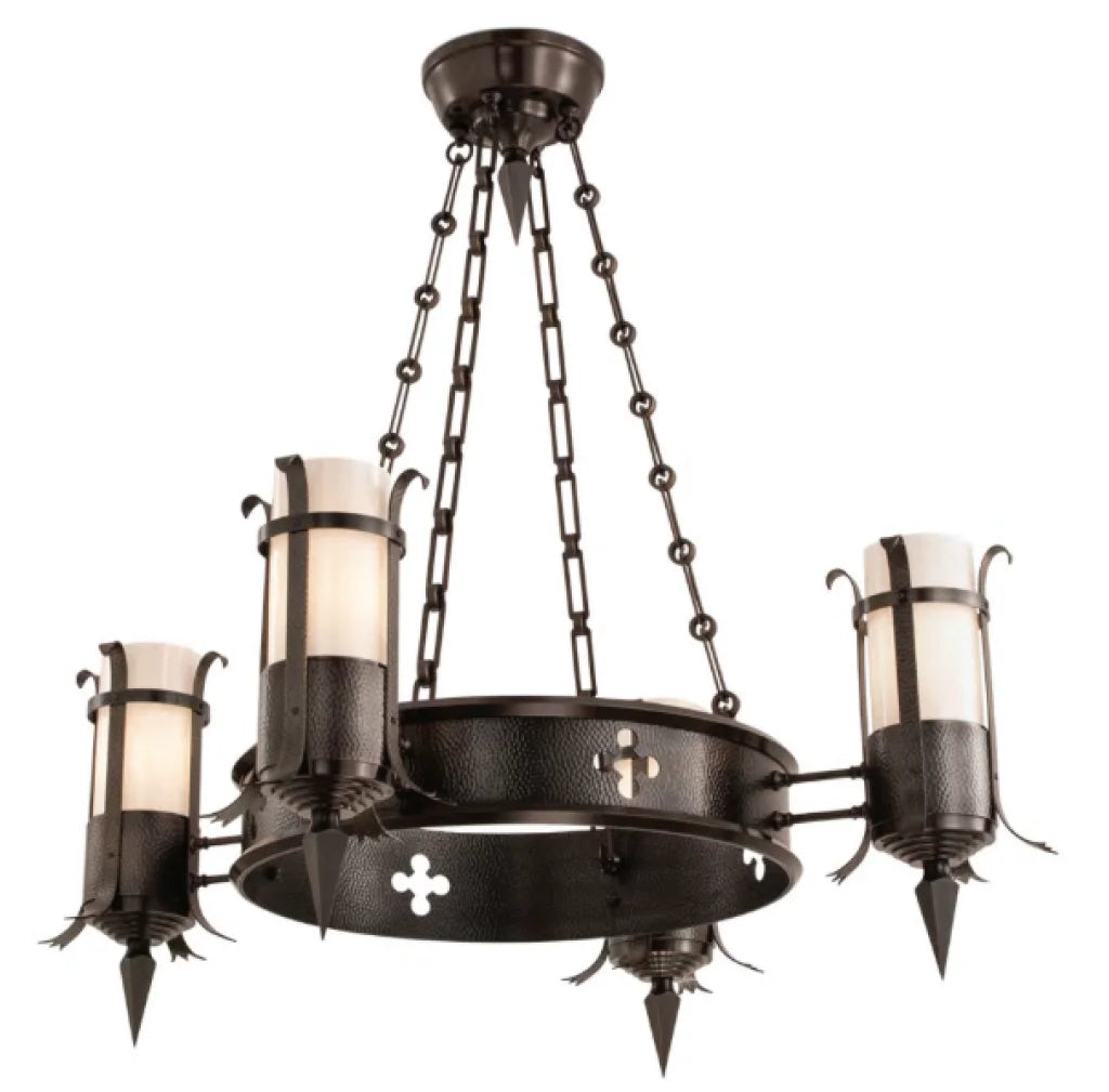 Dark bronze wrought iron chandelier with four candle-style frosted glass shades and decorative fleur-de-lis cutouts.