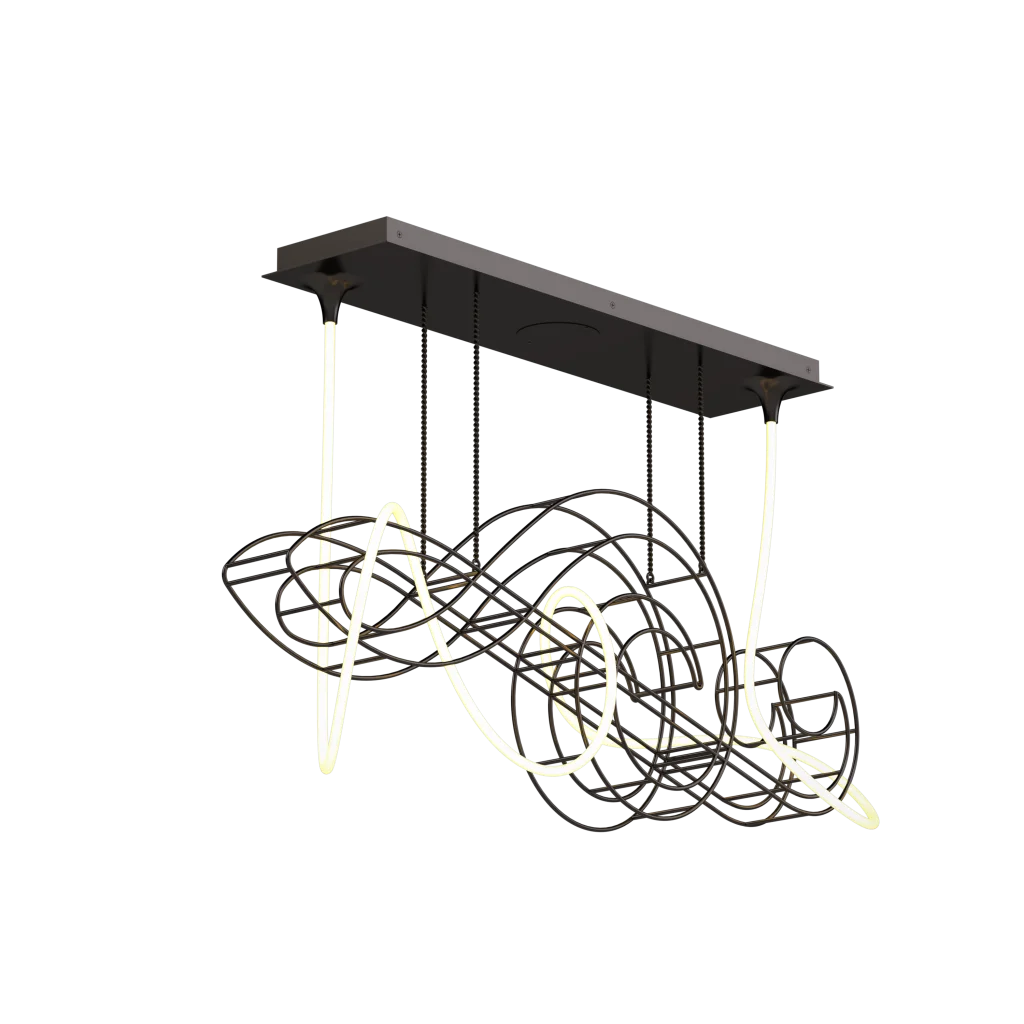A linear chandelier featuring a dark metallic frame with intertwined abstract shapes and integrated LED lighting in a warm white glow.
