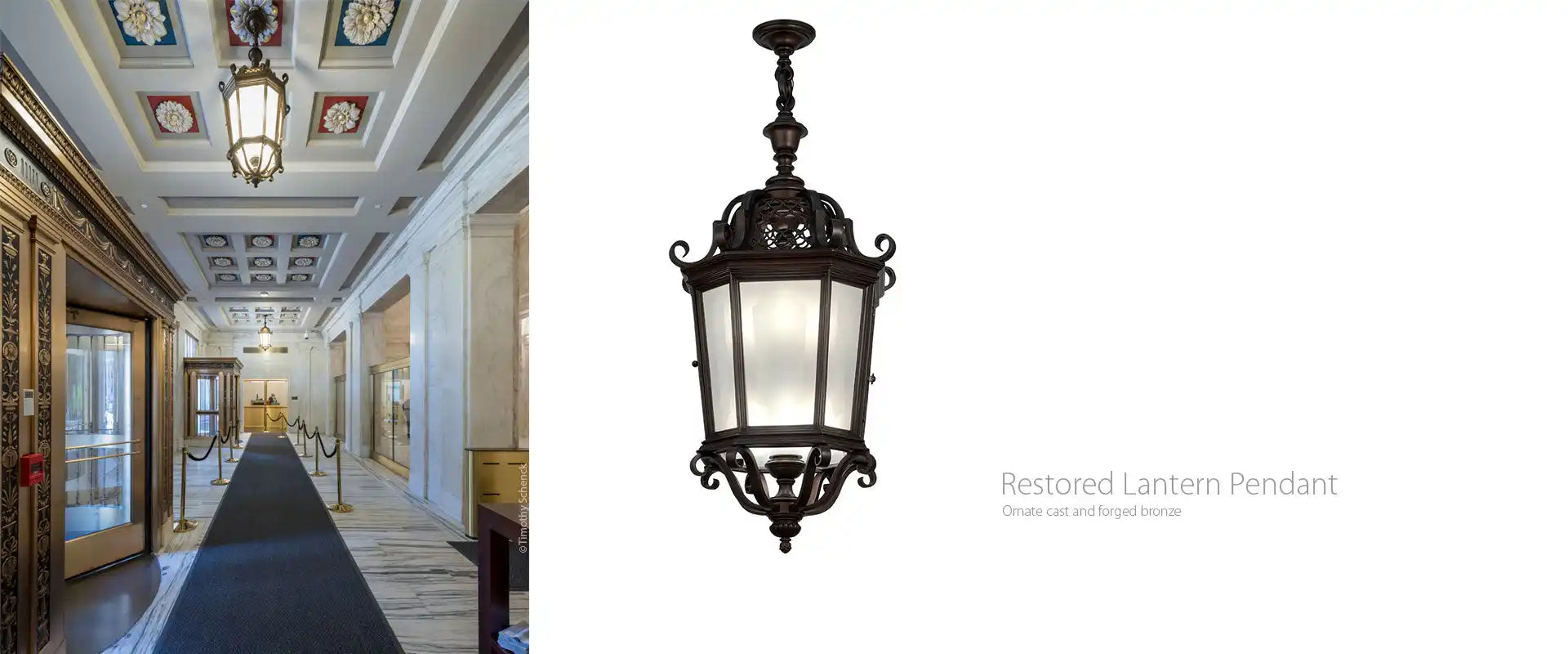 An ornate dark metal lantern pendant light with frosted glass panels.