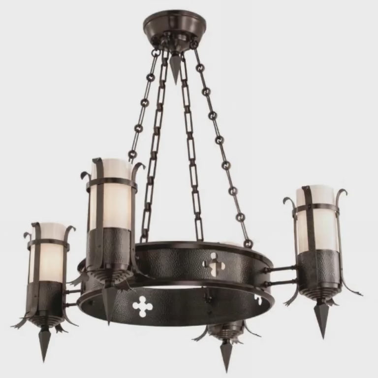 Templar Chandelier - AI-generated ambient video: forged brass chandelier with candelabra shades, gentle motion