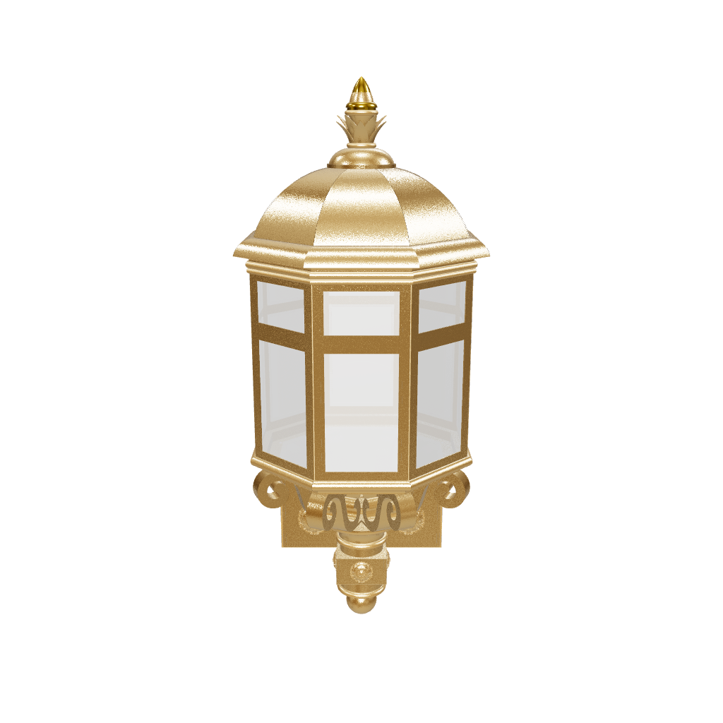 Decorative wall light fixture with gold and black finish on a white background