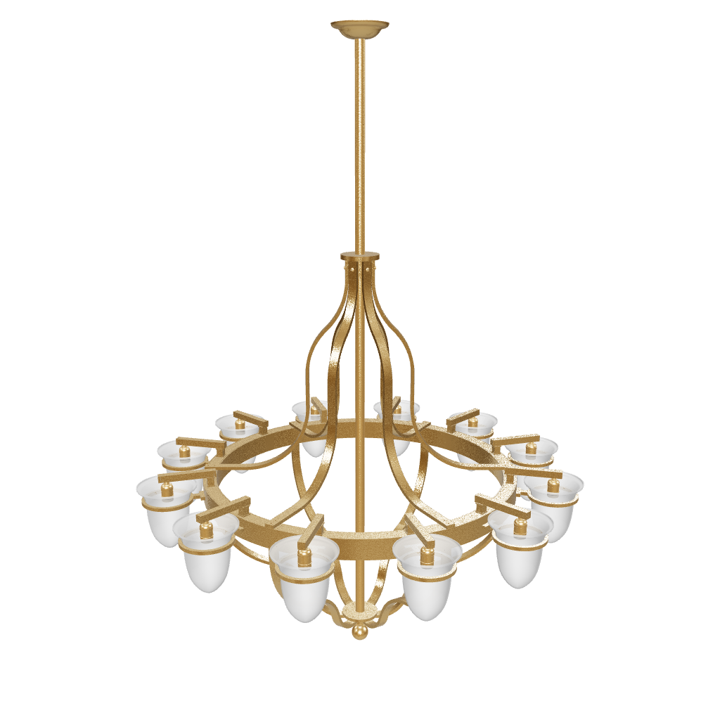 Gold chandelier with white shades on a white background