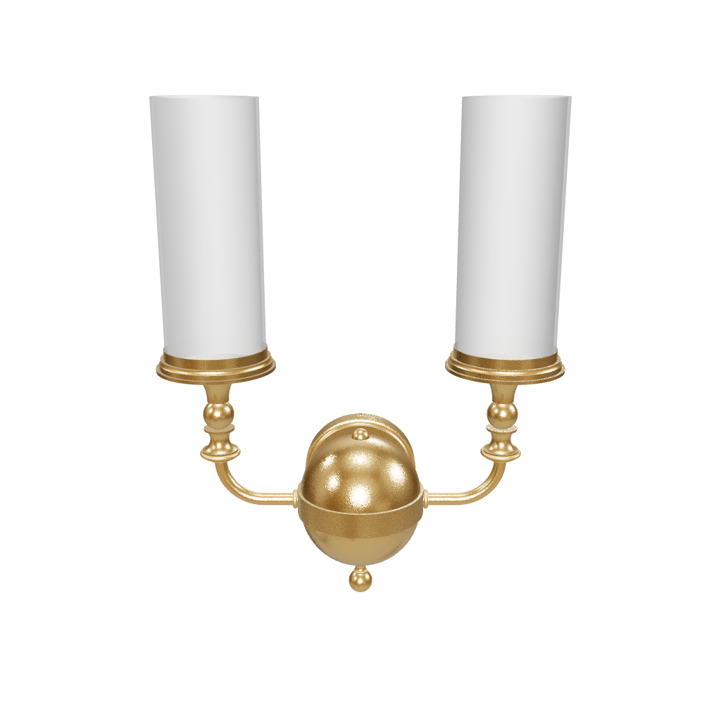 Gold wall sconce with two white candle-like lights on a white background