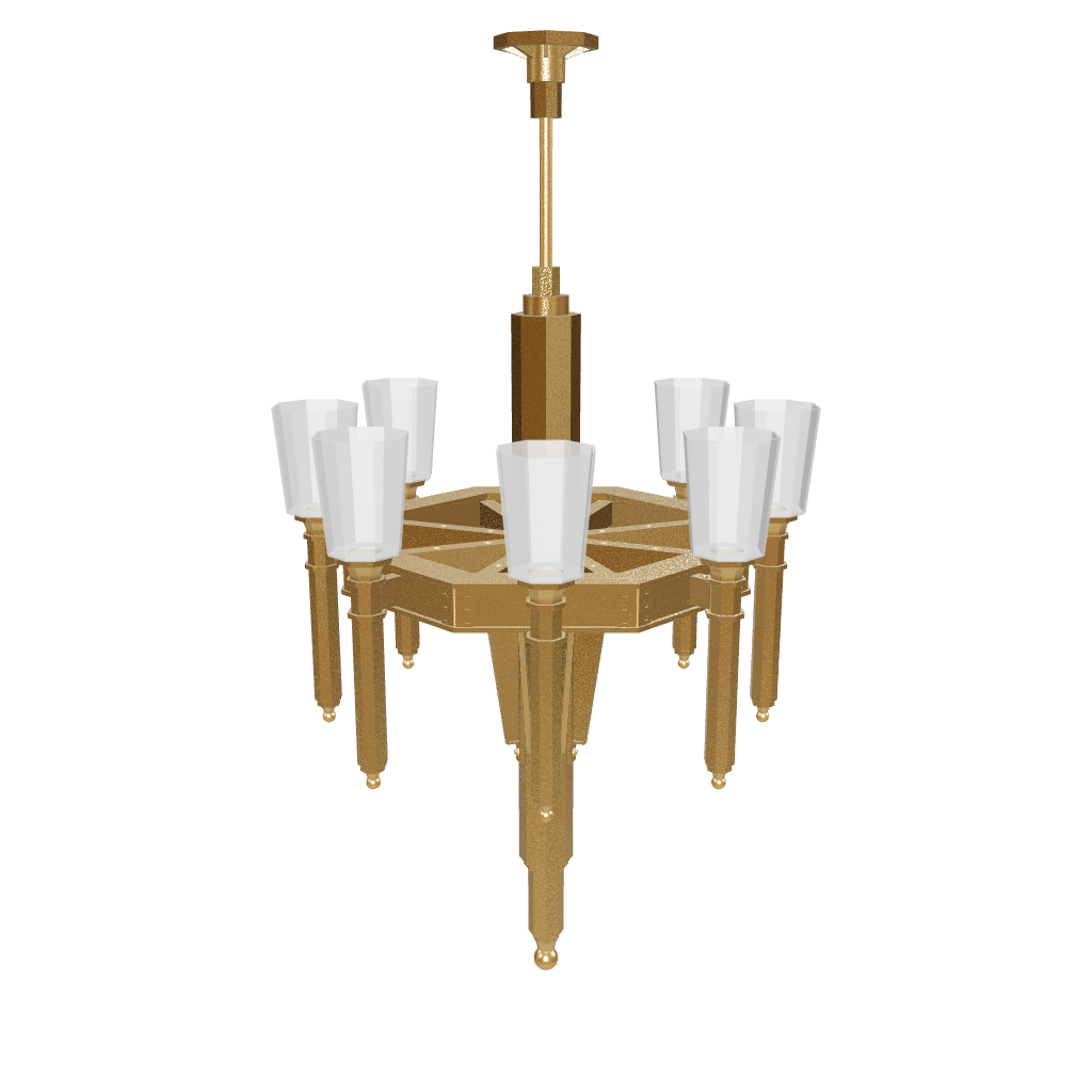 Gold chandelier with white glass shades on a white background