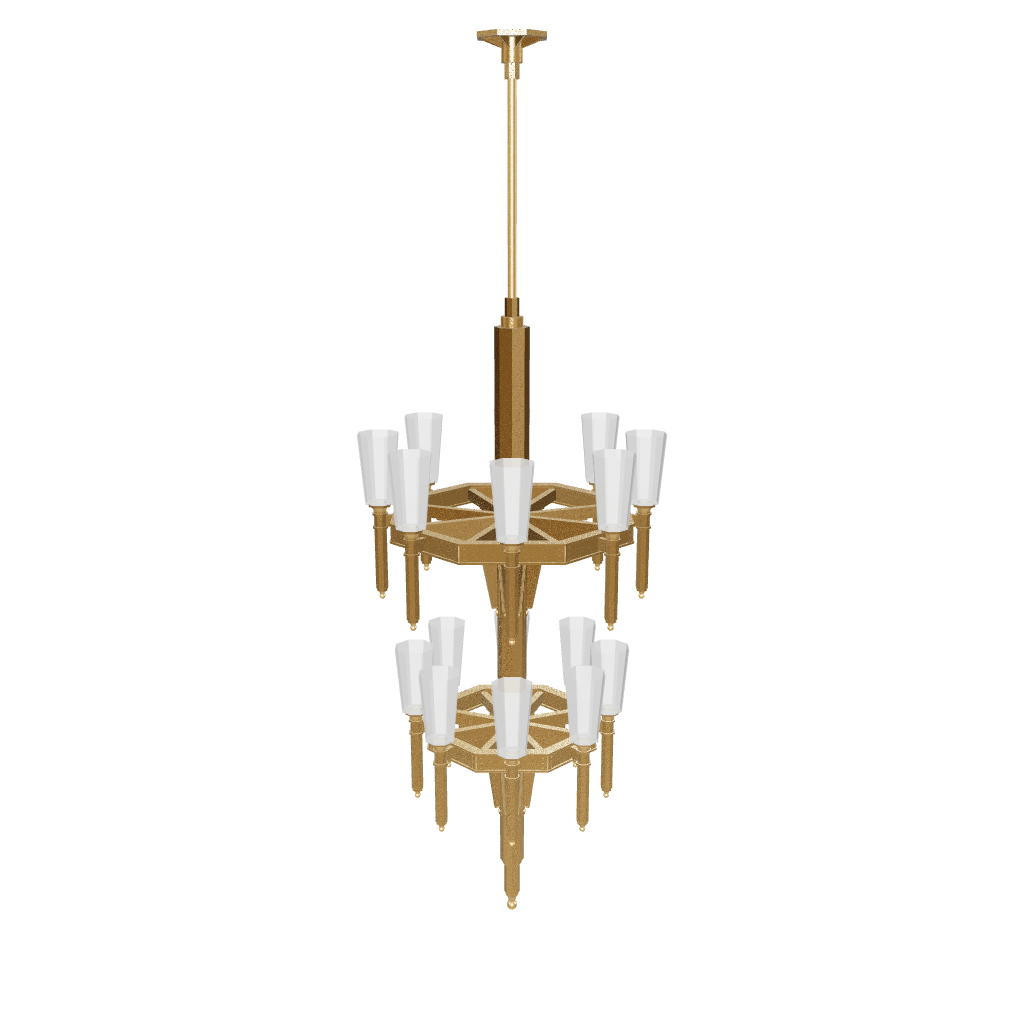 Gold chandelier with white glass shades on a white background