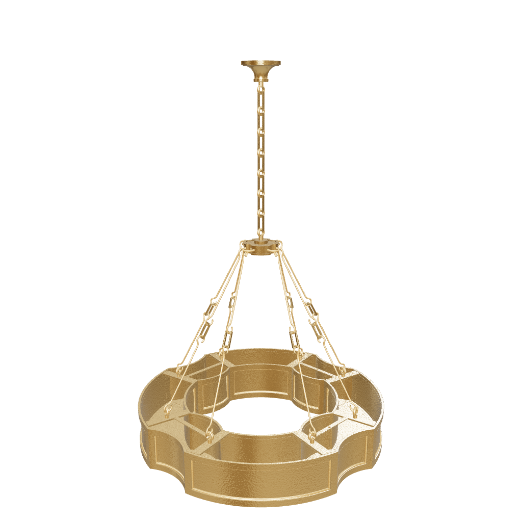 Gold chandelier with intricate design on a white background