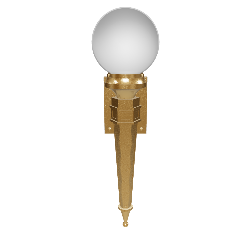Decorative wall sconce with gold finish and white globe on a white background