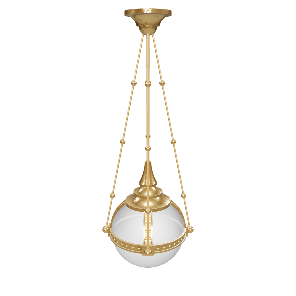 Decorative pendant light with gold accents and white glass on a white background