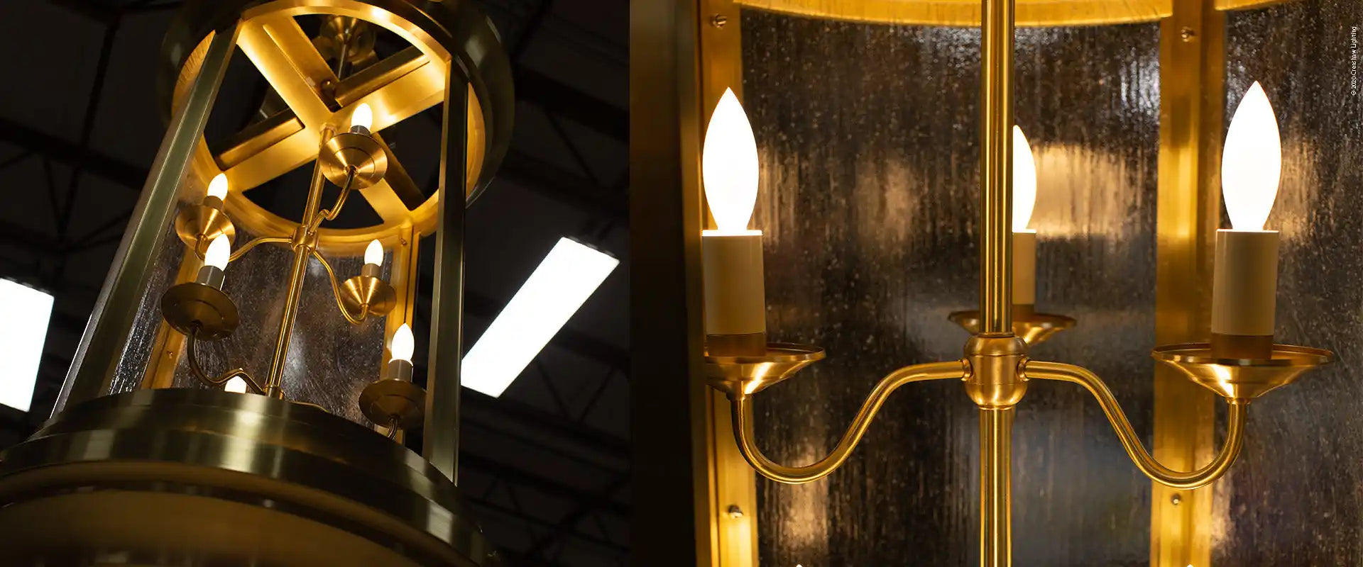 Two ornate brass light fixtures, one a multi-bulb chandelier and the other a wall sconce with candle-style bulbs.