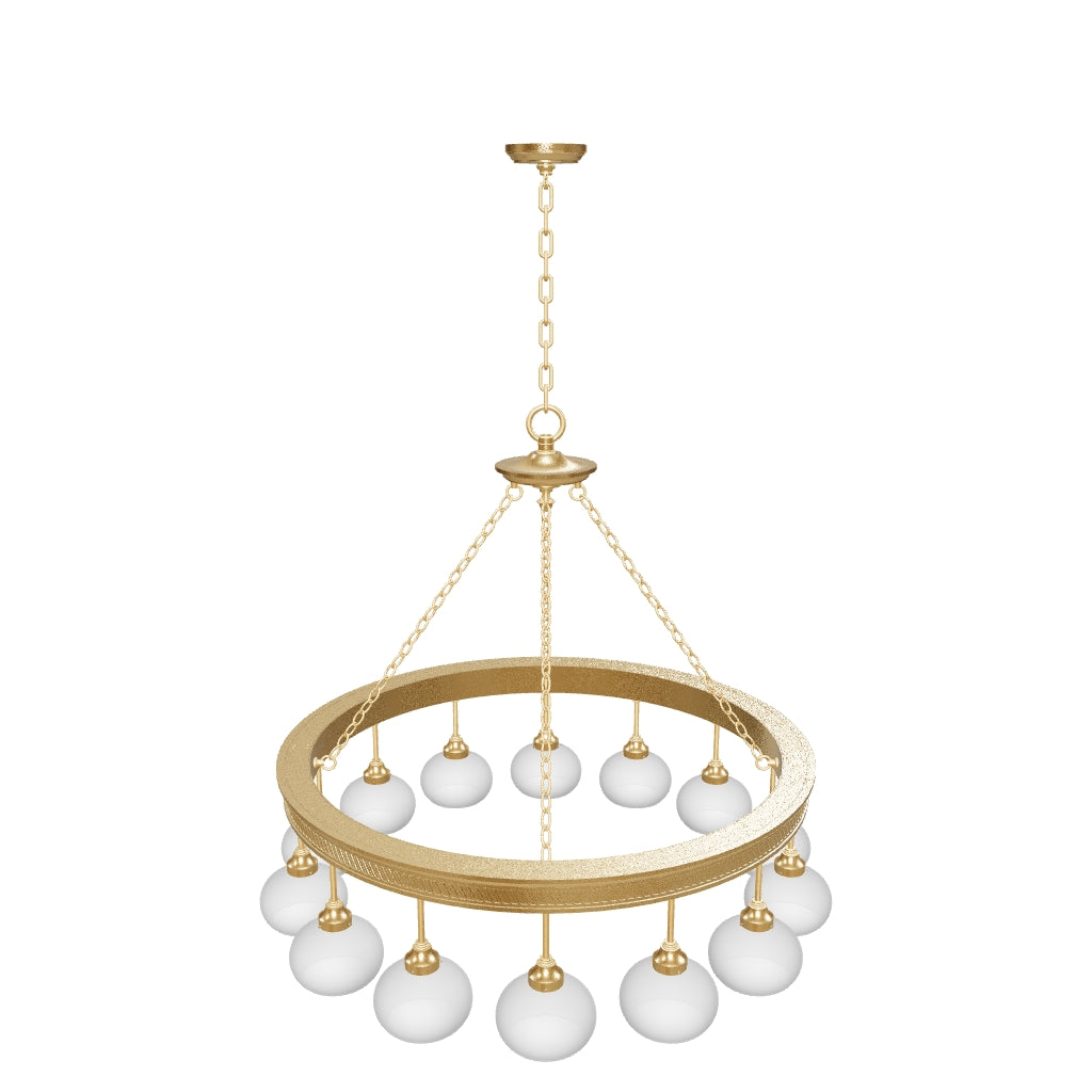 Gold chandelier with white glass shades on a white background